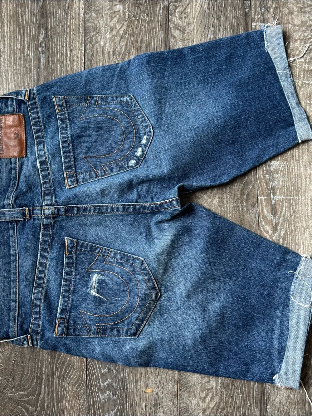 True Religion Men's Distressed Dark Blue Denim Shorts